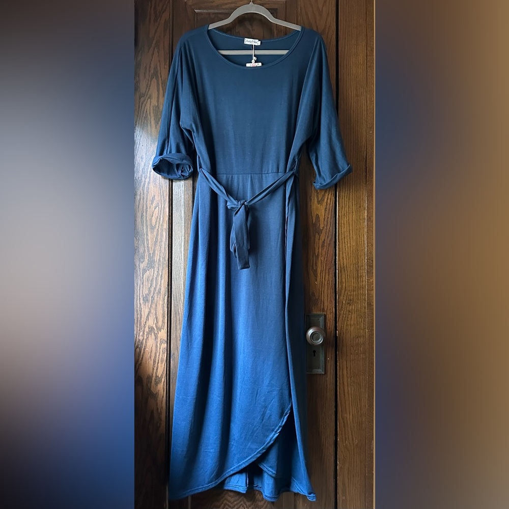 Lucky More NWT Maxi/Midi Dress, Teal, Tie-Waist, Elbow-Length Sleeves, Size XL